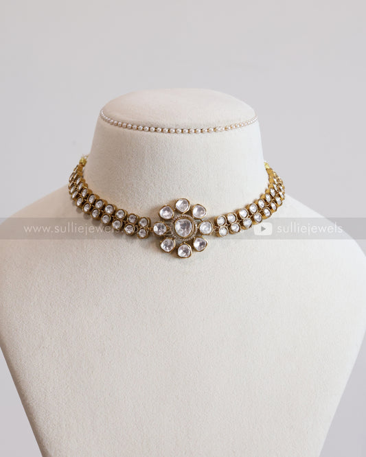 3678 - Flower Design Polki Necklace with Stud