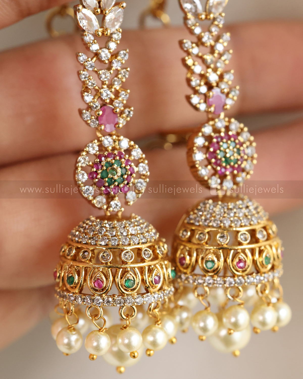 E1260 - AD Ruby & Green Ball Jhumka with Earchain / Maatti