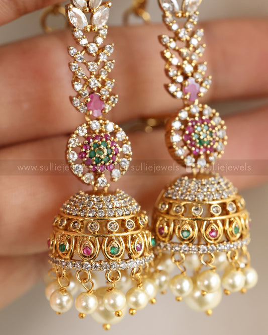 E1260 - AD Ruby & Green Ball Jhumka with Earchain / Maatti