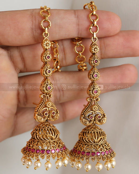 E1261 - Floral Peacock Jhumka with Earchain / Maatti - Ruby