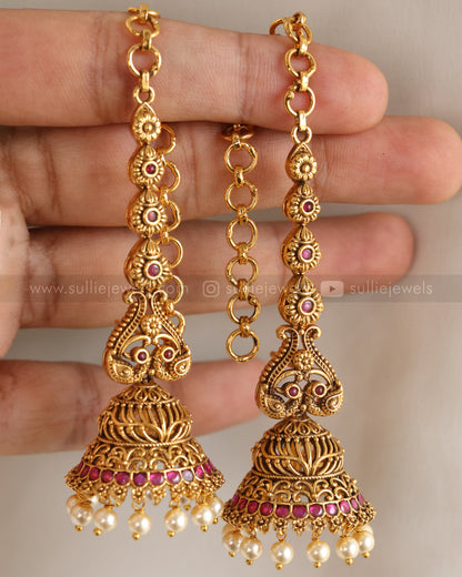 E1261 - Floral Peacock Jhumka with Earchain / Maatti - Ruby