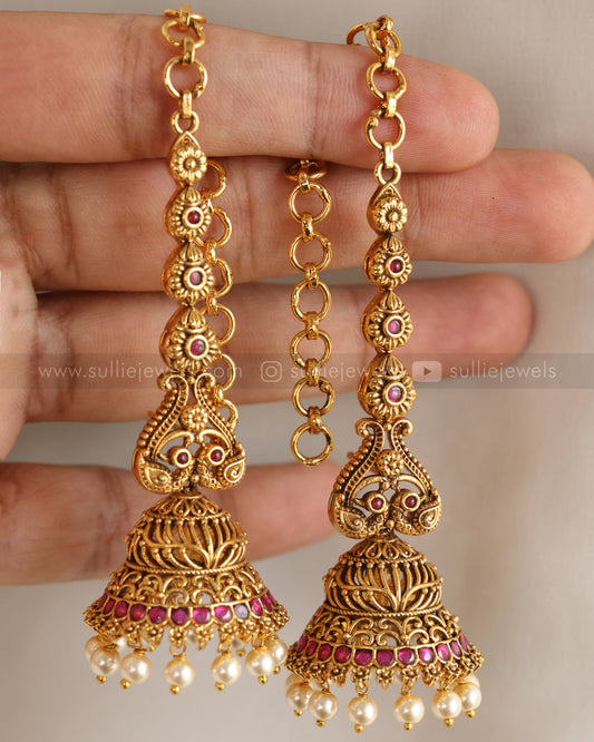 E1261 - Floral Peacock Jhumka with Earchain / Maatti - Ruby