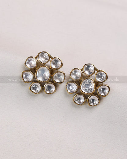 3678 - Flower Design Polki Necklace with Stud