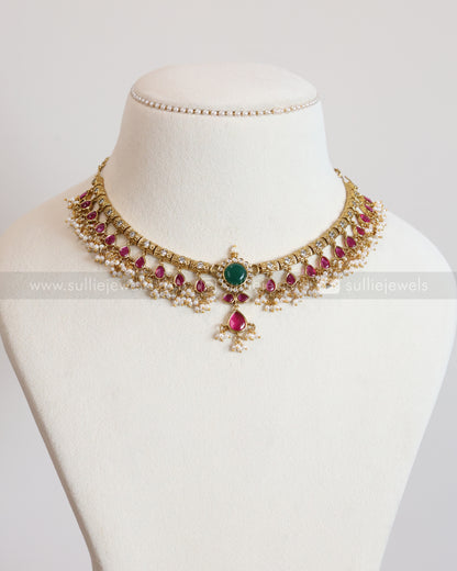 3966- Premium Emerald Centre Stone Ruby Guttapusalu Necklace with Earring