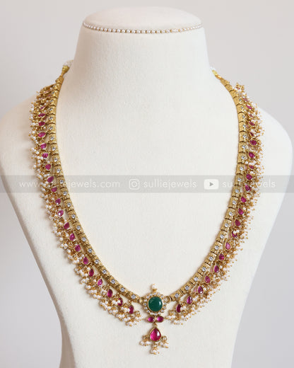 7220 - Premium Emerald Centre Stone Ruby Guttapusalu Long Chain with Earring