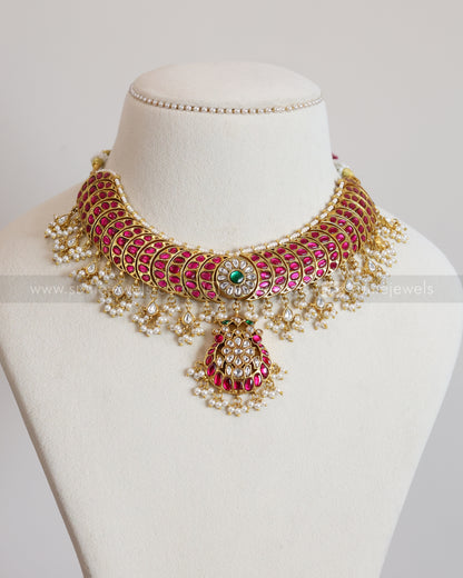 3868 - Premium Ruby Pink Jadau Kemp Pearl Necklace with Earrings