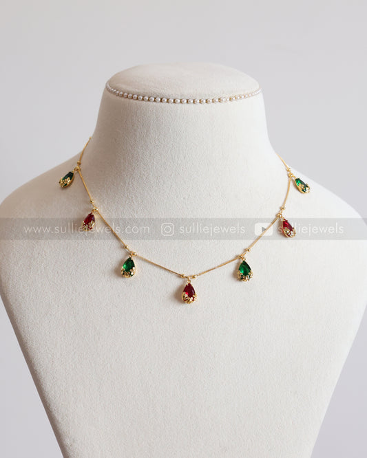 3865 - Diamond Ruby Green Raindrop Charm Necklace