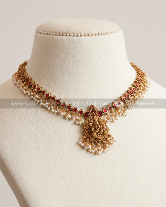 Sullie Basic - Lakshmi Pendant Ruby Stone Guttapusalu Necklace with Jhumka