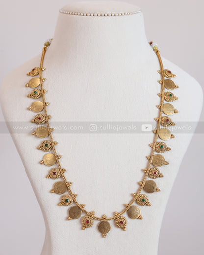 7184 - Sullie Basic Red And Green Round Lakshmi Coin Longchain with Jhumka