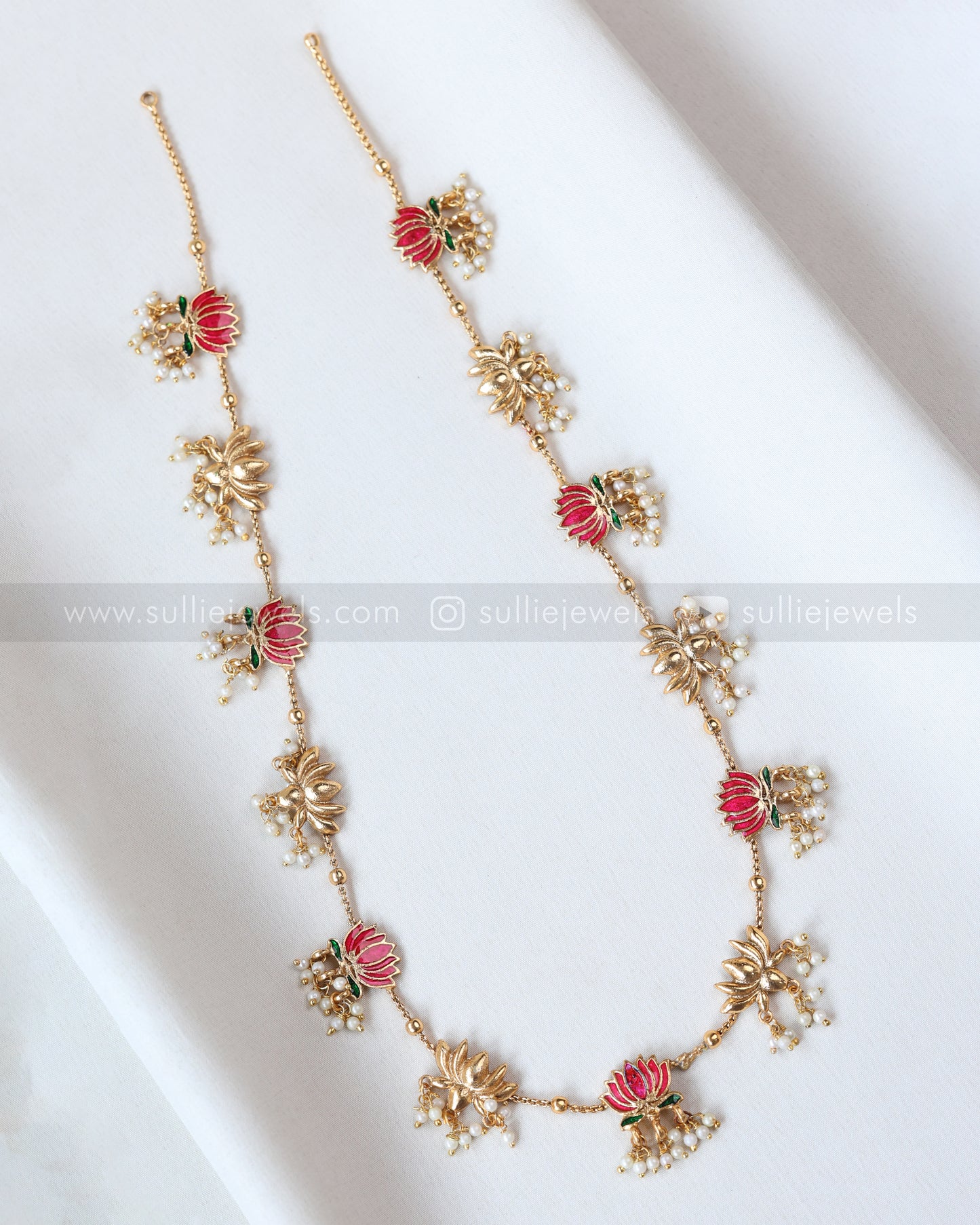 7185 - Sullie Basic - Pink & Gold Lotus Pearl Long Chain with Stud