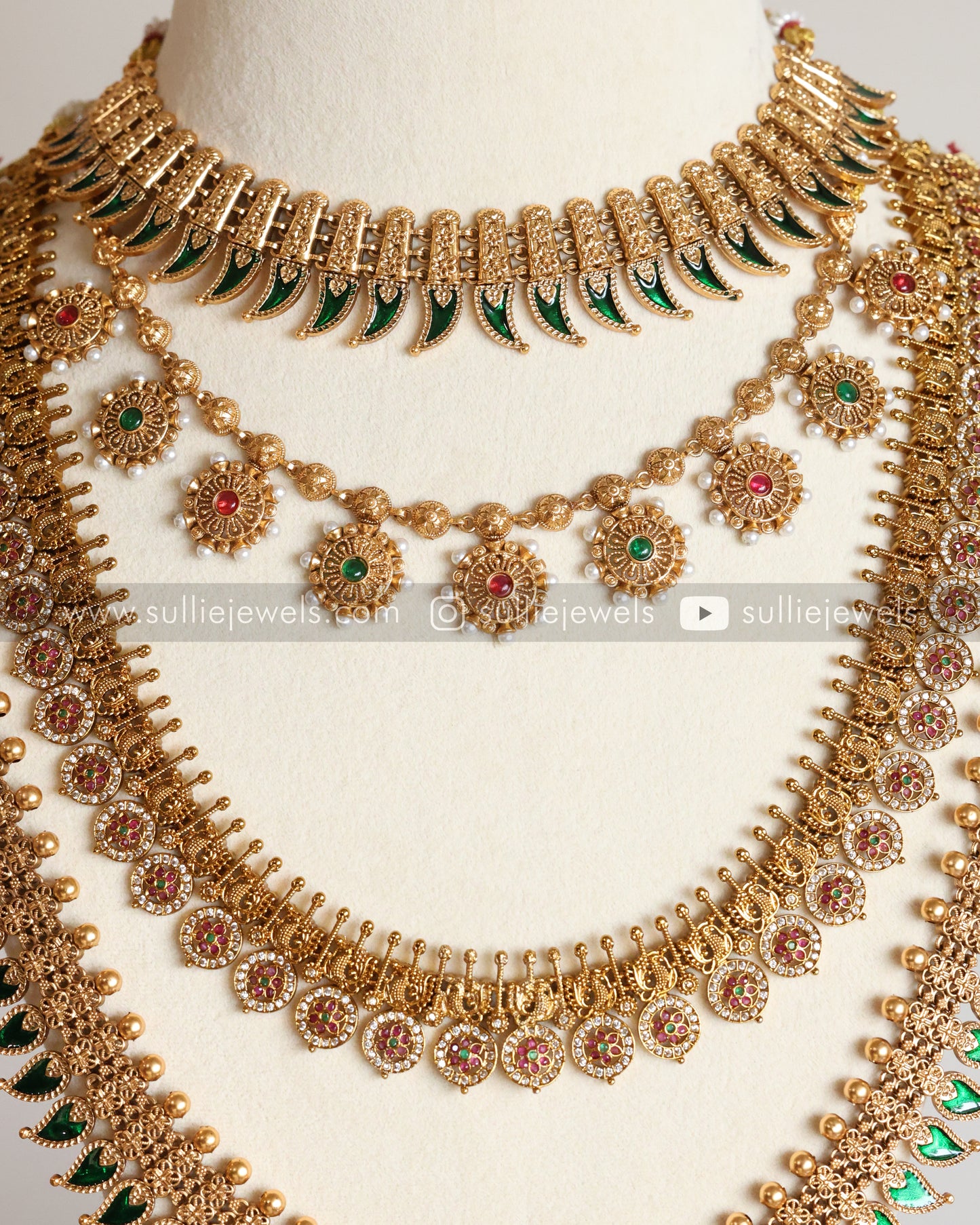 Sullie Basic - Multi Stone Gold Green Palakka Bridal combo ( 8 piece )