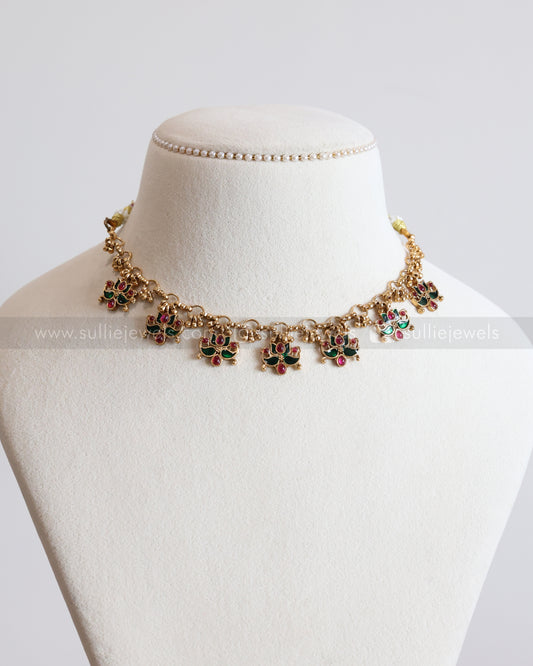 3838 - Ruby & Green Minimal Interlock Lotus Necklace with Stud