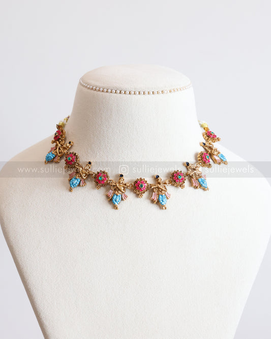 3843 - Sullie Basic - Floral Meenakari Lord Krishna Necklace with Stud