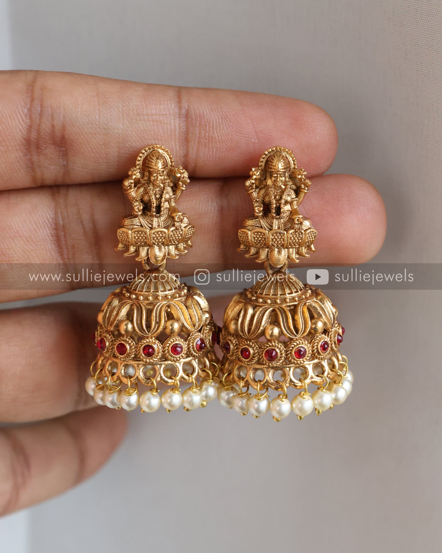 Sullie Basic - Lakshmi Pendant Ruby Stone Guttapusalu Necklace with Jhumka