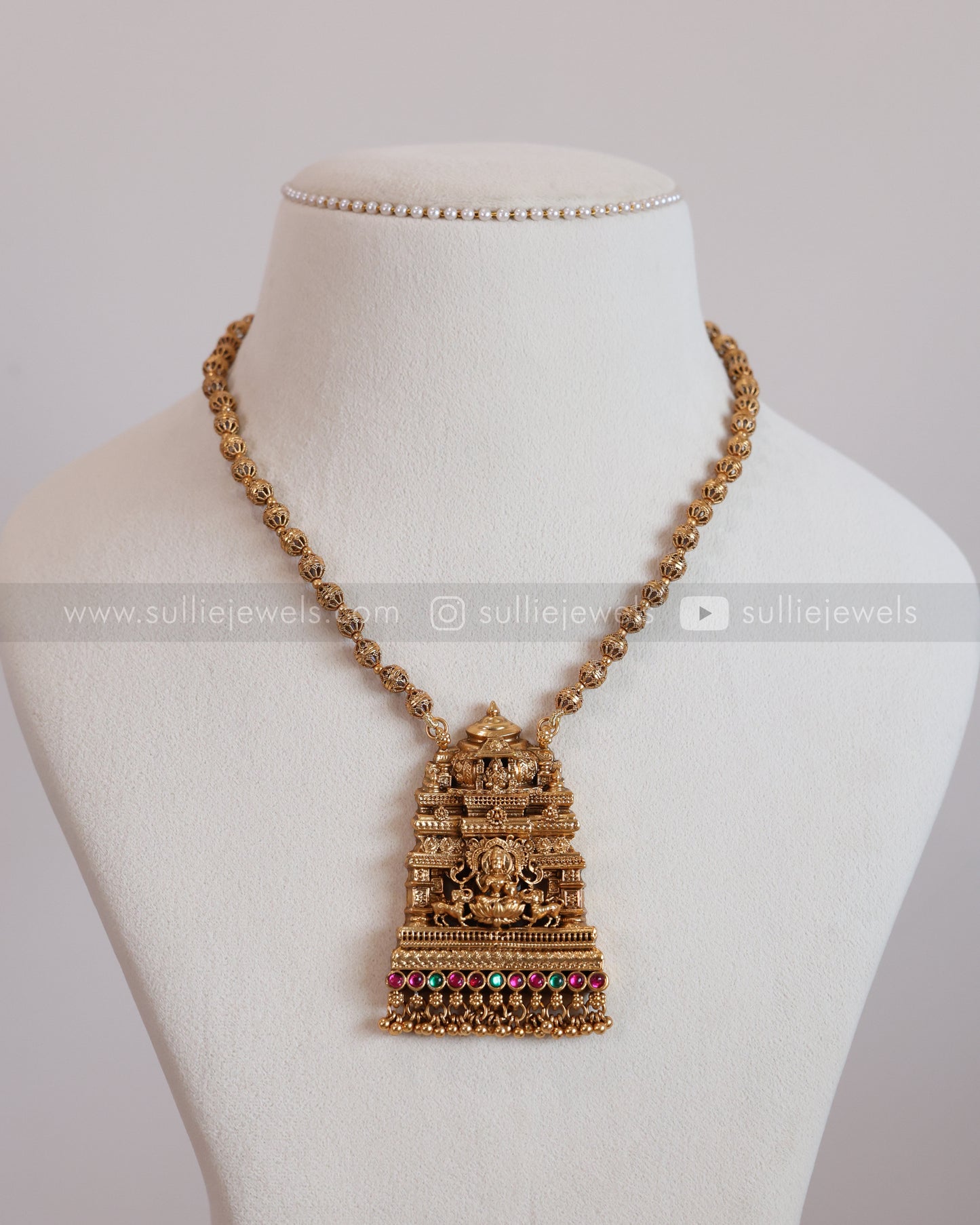 6039 - Sullie Basic Temple Design Lakshmi Pendant Ball Chain with Earring
