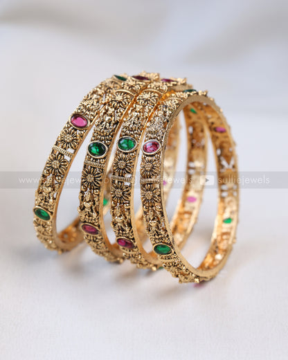 9056 - Sullie Basic - Lakshmi Multicolour Oval Stone Gold Bangle - Set of 4