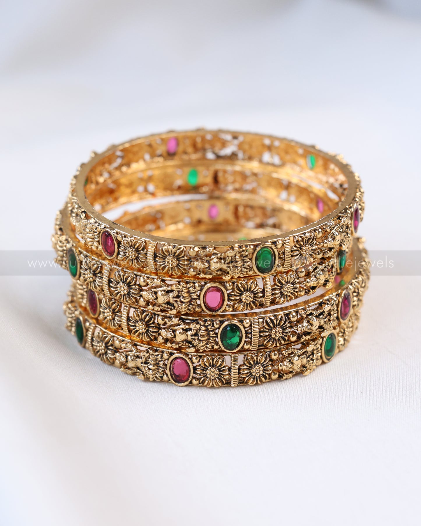 9056 - Sullie Basic - Lakshmi Multicolour Oval Stone Gold Bangle - Set of 4