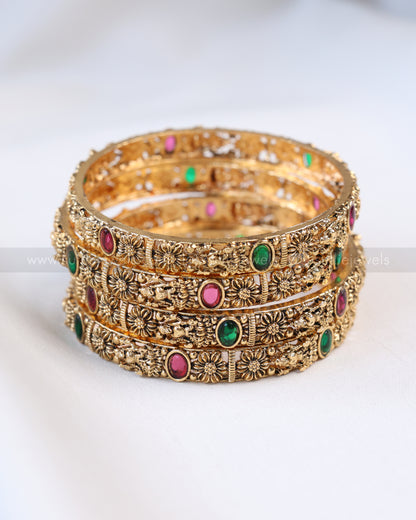 9056 - Sullie Basic - Lakshmi Multicolour Oval Stone Gold Bangle - Set of 4