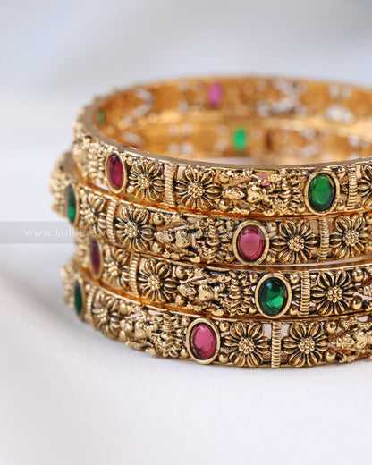 9056 - Sullie Basic - Lakshmi Multicolour Oval Stone Gold Bangle - Set of 4