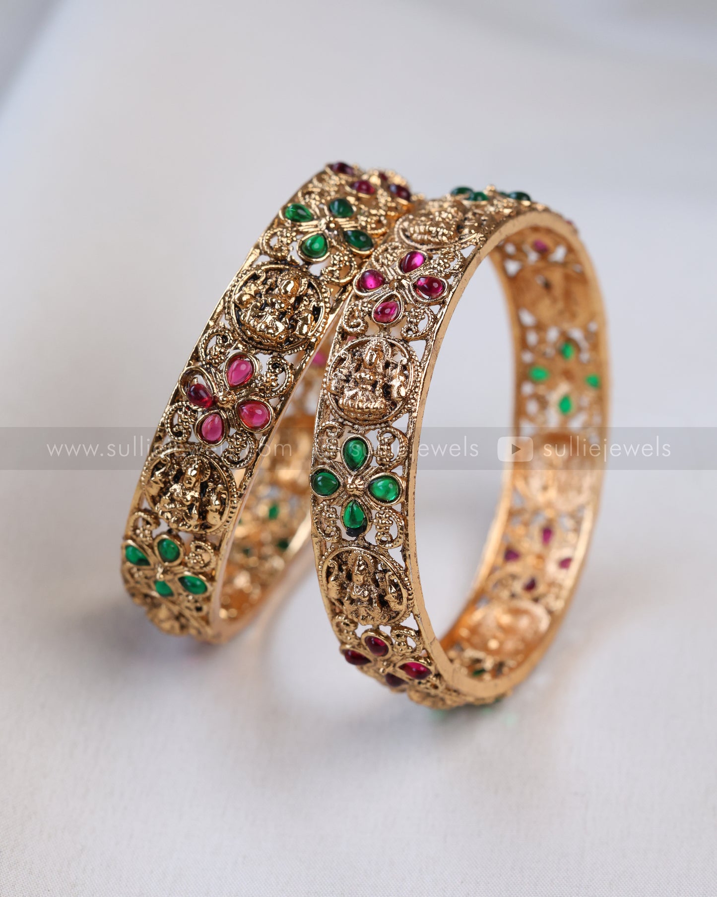 9063 - Sullie Basic - Lakshmi Red & Green Stone Gold Bangle - Set of 2