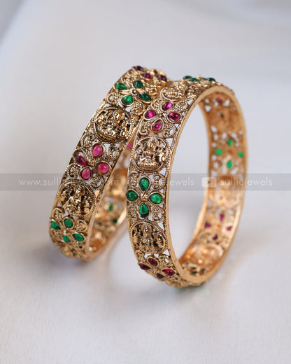 9063 - Sullie Basic - Lakshmi Red & Green Stone Gold Bangle - Set of 2