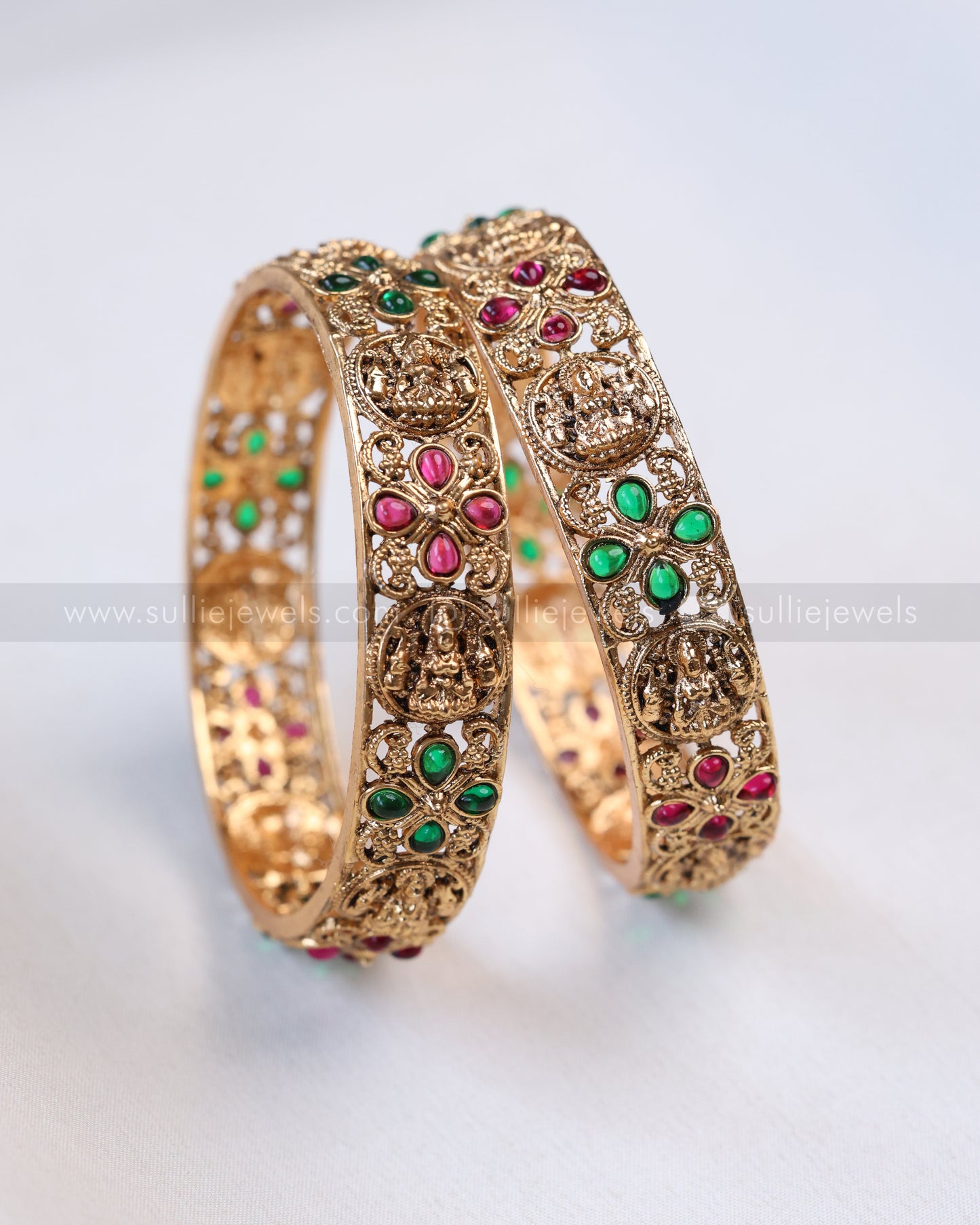 9063 - Sullie Basic - Lakshmi Red & Green Stone Gold Bangle - Set of 2