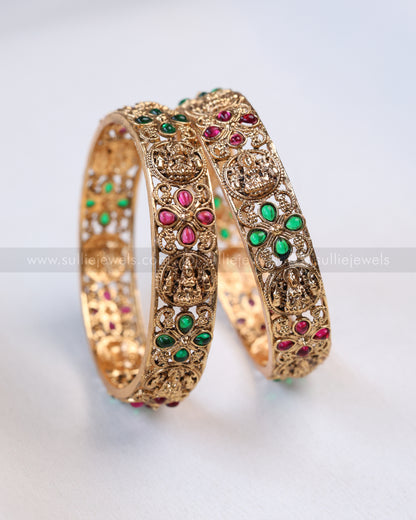9063 - Sullie Basic - Lakshmi Red & Green Stone Gold Bangle - Set of 2