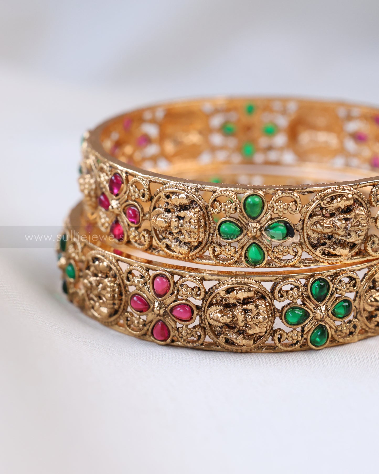 9063 - Sullie Basic - Lakshmi Red & Green Stone Gold Bangle - Set of 2