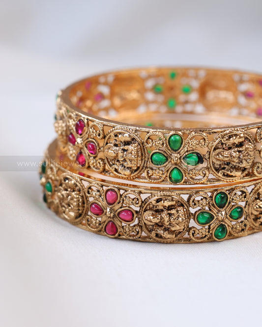9063 - Sullie Basic - Lakshmi Red & Green Stone Gold Bangle - Set of 2