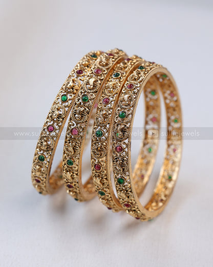 9069 - Sullie Basic No Idol Green & Ruby Gold Bangle - Set of 4