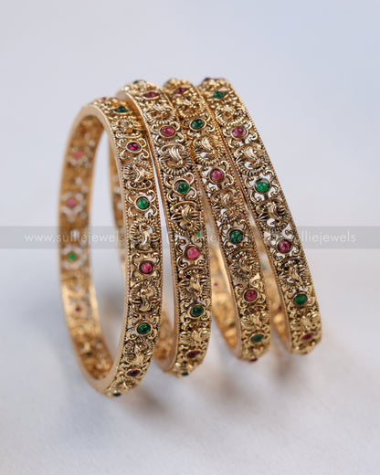 9069 - Sullie Basic No Idol Green & Ruby Gold Bangle - Set of 4