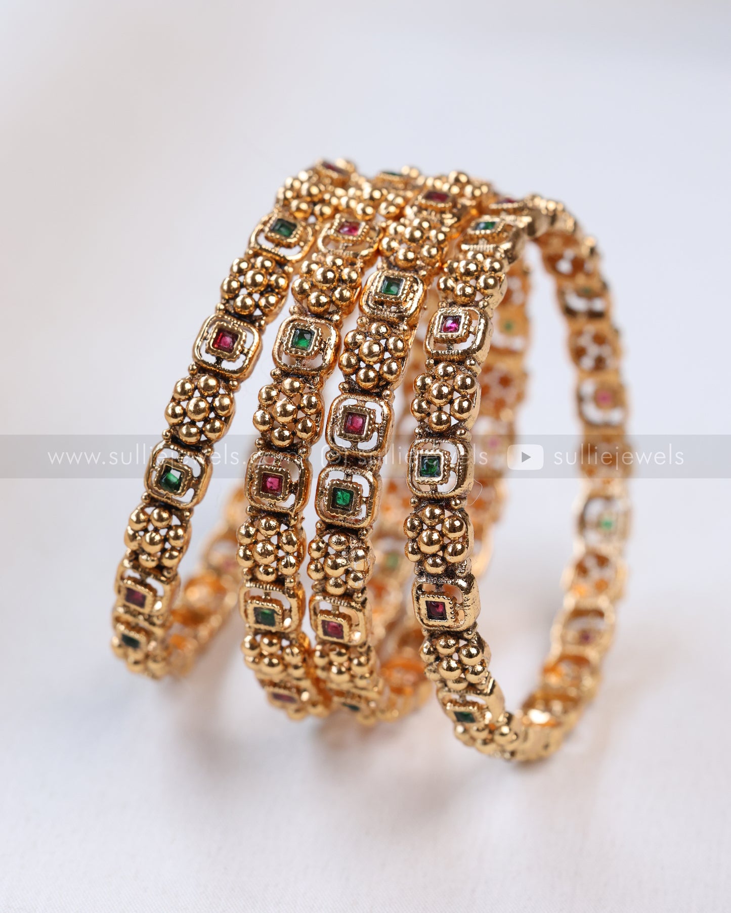 9058 - Sullie Basic - Square Multicolour Stone Gold Bangle - Set of 4
