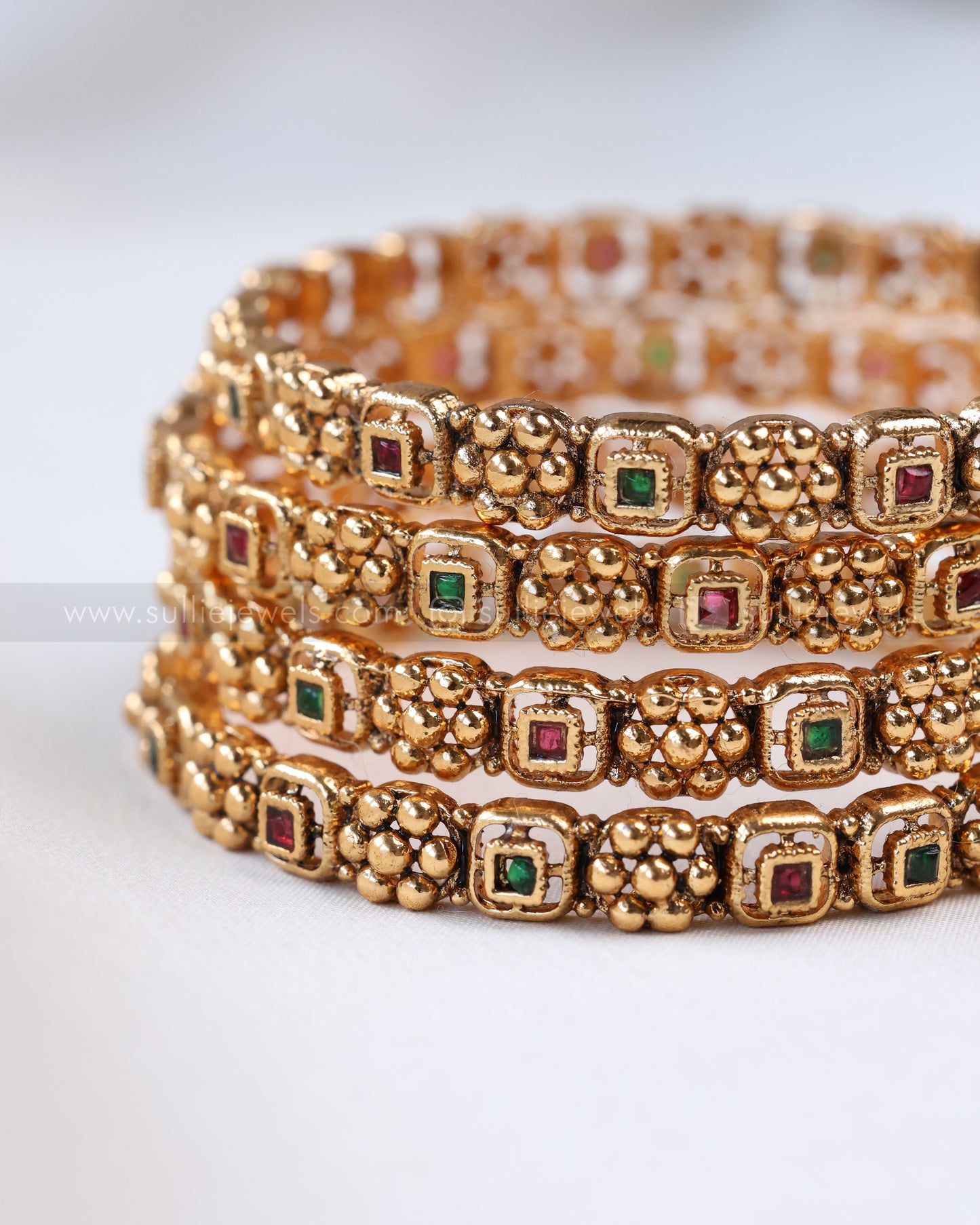 9058 - Sullie Basic - Square Multicolour Stone Gold Bangle - Set of 4