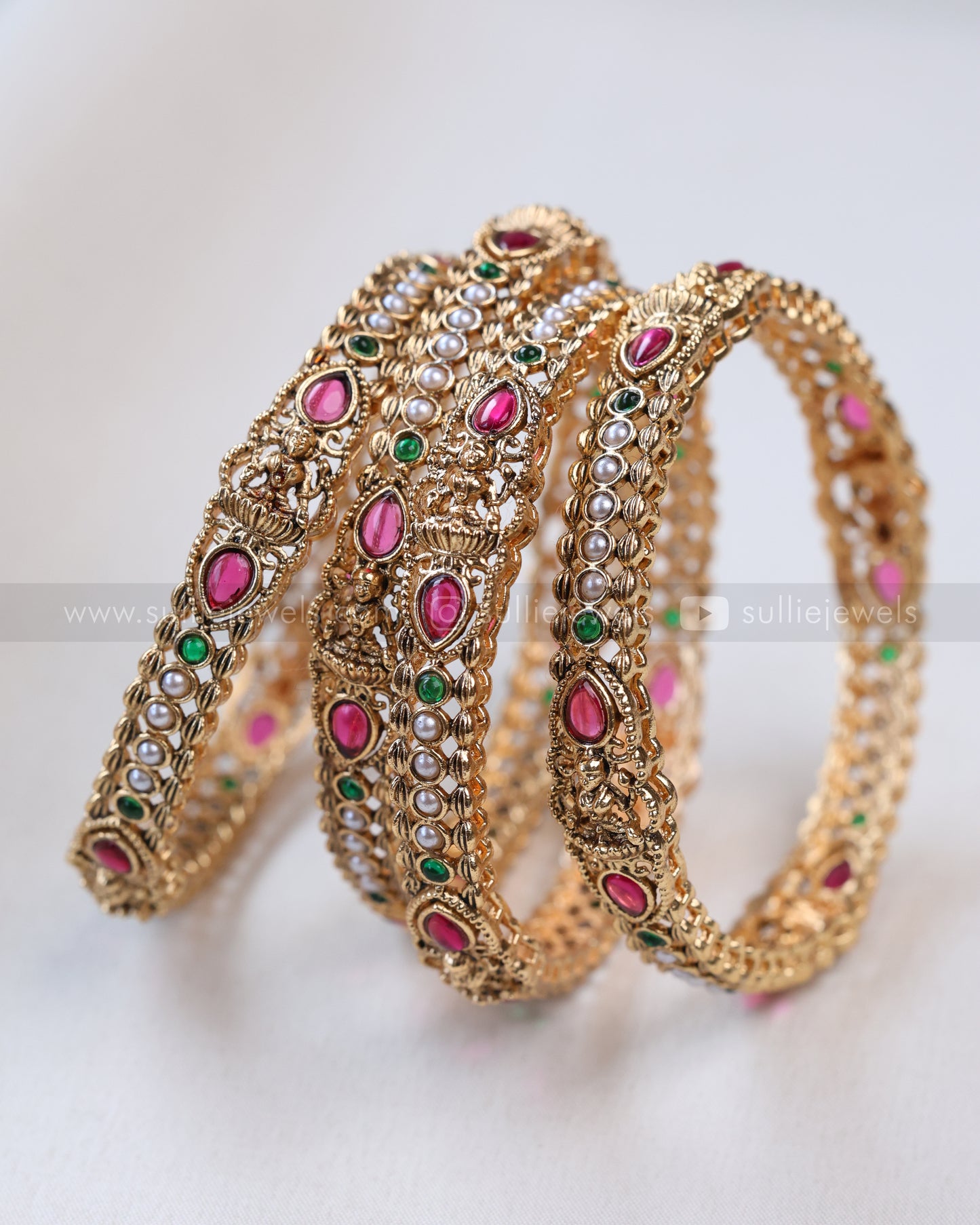 9047 - Sullie Basic - Raindrop Ruby Stone Lakshmi Pearl Bangle - Set of 4
