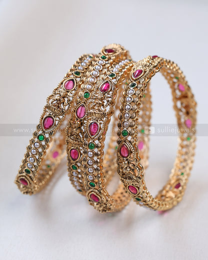 9047 - Sullie Basic - Raindrop Ruby Stone Lakshmi Pearl Bangle - Set of 4