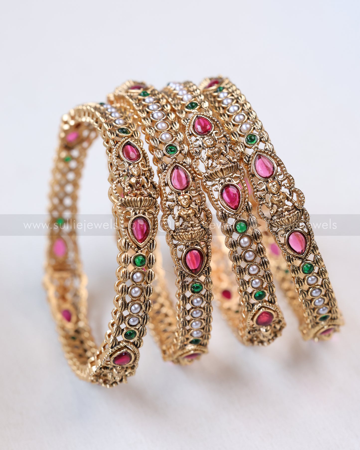 9047 - Sullie Basic - Raindrop Ruby Stone Lakshmi Pearl Bangle - Set of 4