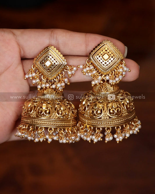 Gold Jhumka with Pearl Hangings