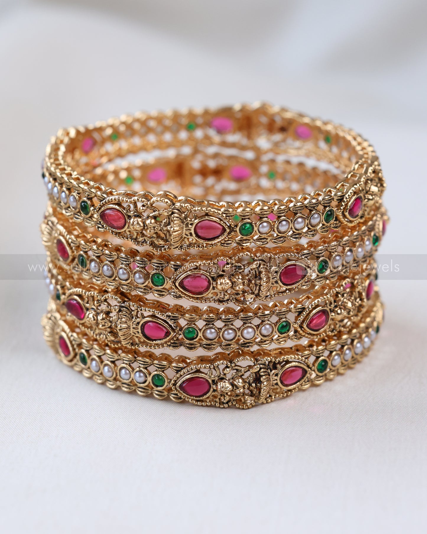 9047 - Sullie Basic - Raindrop Ruby Stone Lakshmi Pearl Bangle - Set of 4