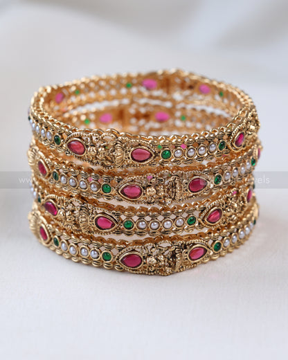9047 - Sullie Basic - Raindrop Ruby Stone Lakshmi Pearl Bangle - Set of 4