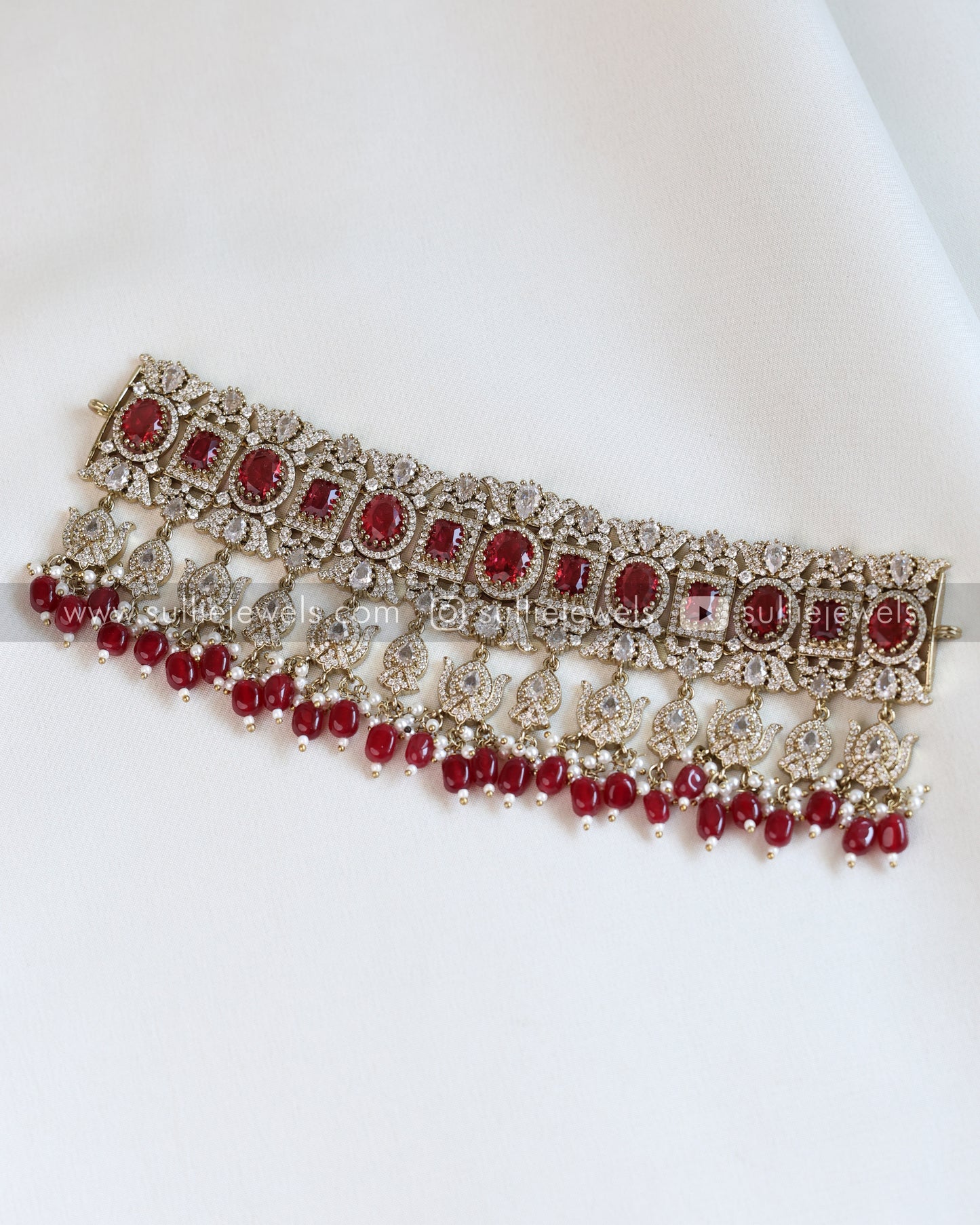 Polki Premium Heavy Choker with Earrings - Wine Red