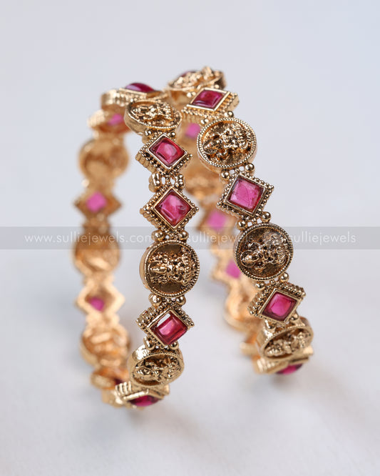 9071 - Sullie Basic - Red Square Stone Lakshmi Coin Bangle - Set of 2