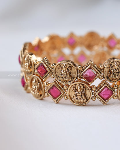 9071 - Sullie Basic - Red Square Stone Lakshmi Coin Bangle - Set of 2