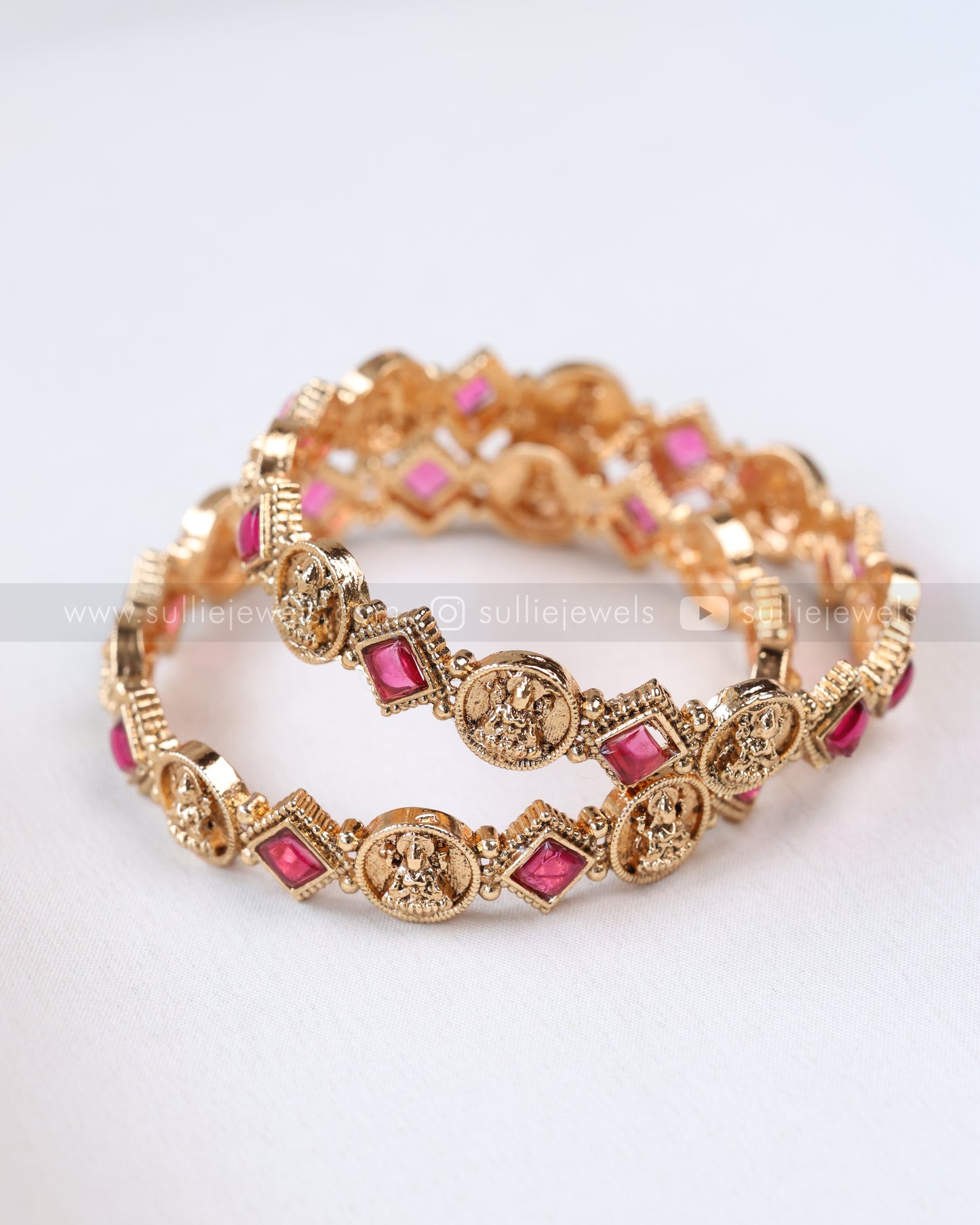 9071 - Sullie Basic - Red Square Stone Lakshmi Coin Bangle - Set of 2