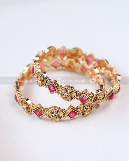 9071 - Sullie Basic - Red Square Stone Lakshmi Coin Bangle - Set of 2