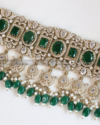 Polki Premium Heavy Choker with Earrings - Dark Green