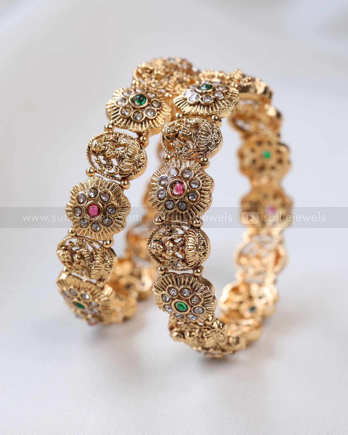 9040 - Sullie Basic Flower & Lakshmi Stone Gold Bangle - Set of 2