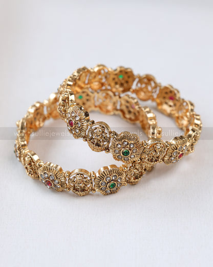 9040 - Sullie Basic Flower & Lakshmi Stone Gold Bangle - Set of 2