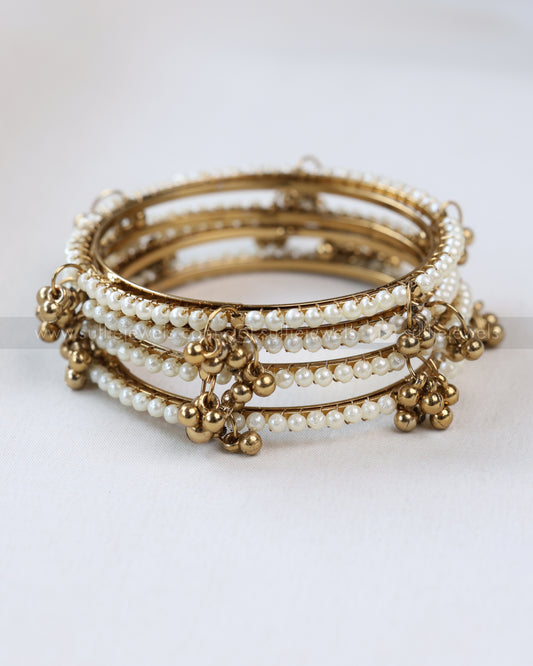 9066 - Sullie Basic Pearl Beaded Bangle with Golden Ghungaroo - Set of 4