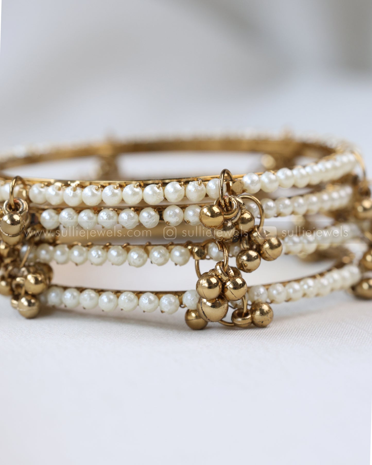9066 - Sullie Basic Pearl Beaded Bangle with Golden Ghungroo - Set of 4