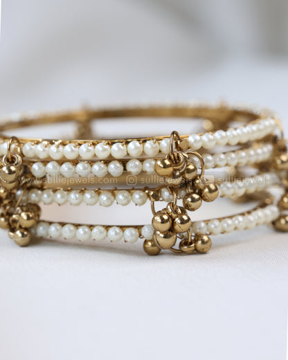 9066 - Sullie Basic Pearl Beaded Bangle with Golden Ghungroo - Set of 4